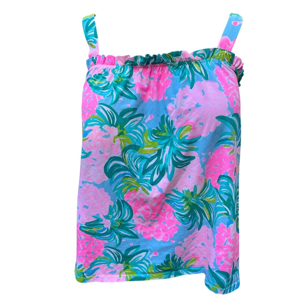 Lilly Pulitzer Jia Blue Ibiza Tank Top Pink Teal Floral Ruffle Square Neck Large